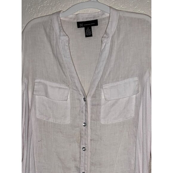 INC. International Concept 8 White Linen Rayon Blouse Pockets Roll Tab Sleeves - Picture 5 of 16